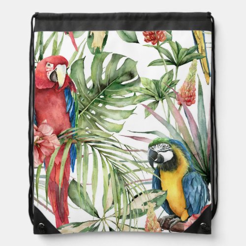 Tropical parrots hibiscus watercolor pattern drawstring bag