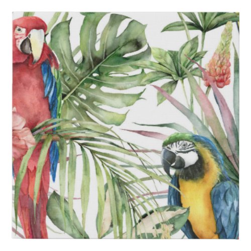 Tropical parrots hibiscus watercolor pattern faux canvas print