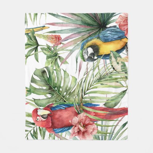 Tropical parrots hibiscus watercolor pattern fleece blanket