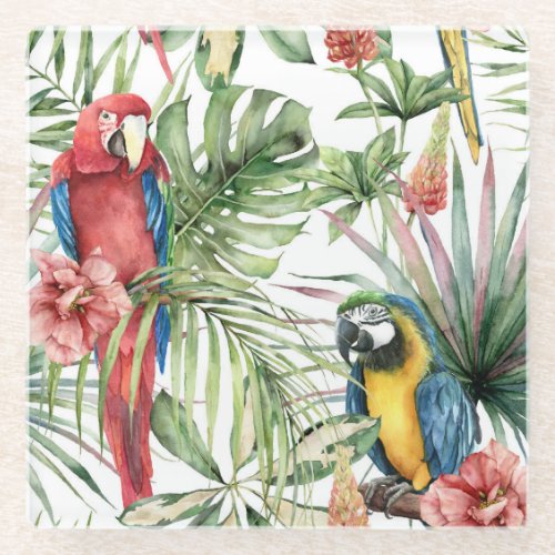 Tropical parrots hibiscus watercolor pattern glass coaster