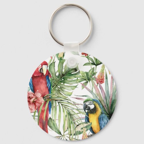 Tropical parrots hibiscus watercolor pattern keychain