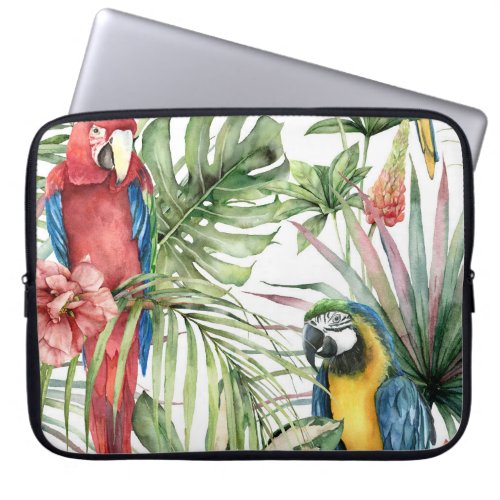 Tropical parrots hibiscus watercolor pattern laptop sleeve