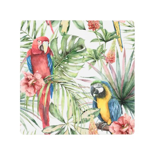 Tropical parrots hibiscus watercolor pattern metal print
