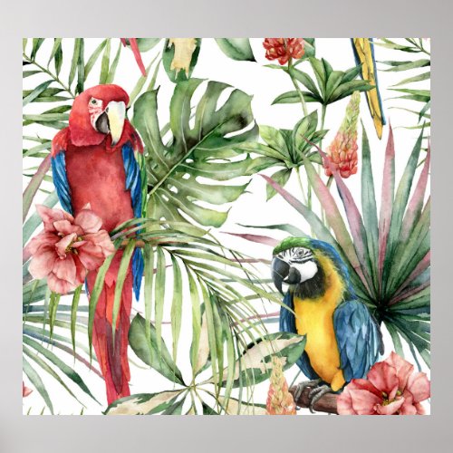 Tropical parrots hibiscus watercolor pattern poster