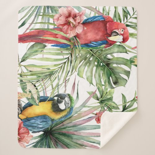 Tropical parrots hibiscus watercolor pattern sherpa blanket