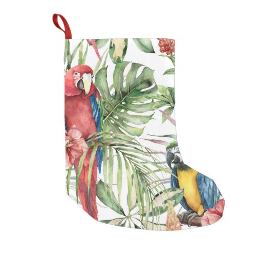 Tropical parrots hibiscus watercolor pattern small christmas stocking