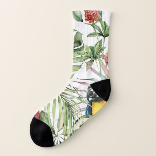 Tropical parrots hibiscus watercolor pattern socks