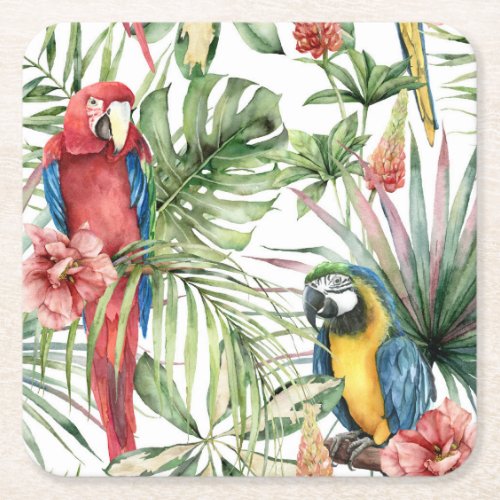Tropical parrots hibiscus watercolor pattern square paper coaster