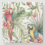 Tropical parrots, hibiscus: watercolor pattern. stone coaster