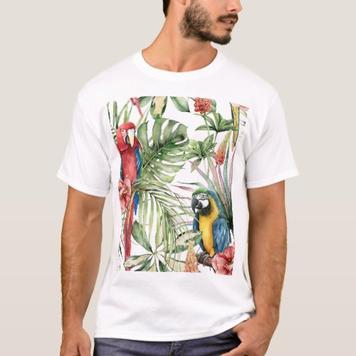Tropical parrots hibiscus watercolor pattern T_Shirt