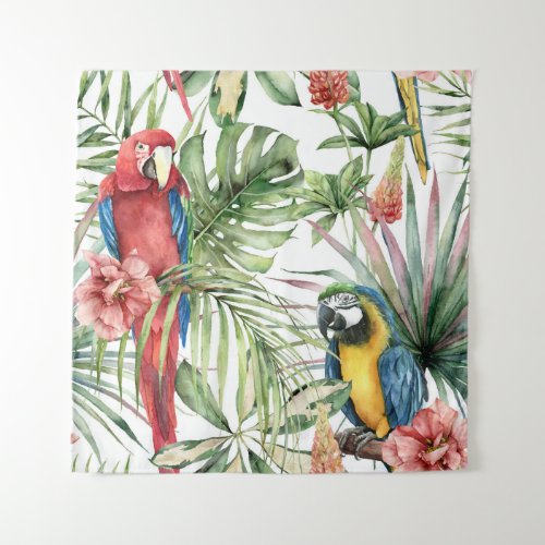 Tropical parrots hibiscus watercolor pattern tapestry