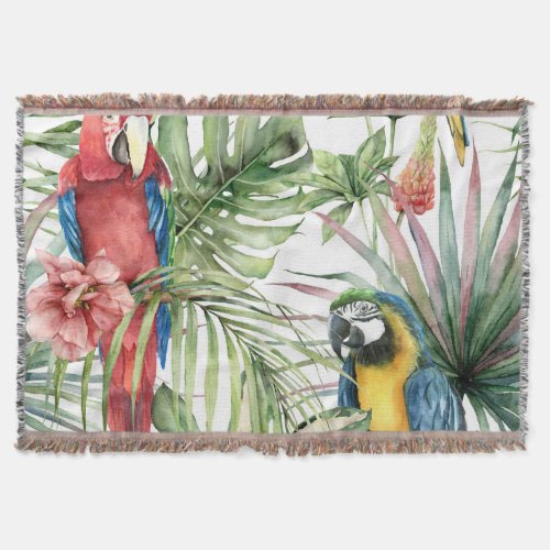 Tropical parrots hibiscus watercolor pattern throw blanket