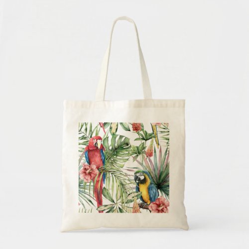 Tropical parrots hibiscus watercolor pattern tote bag