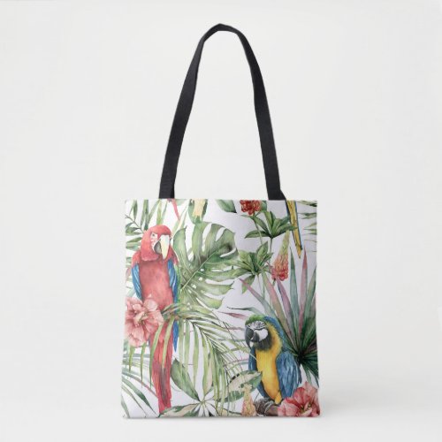 Tropical parrots hibiscus watercolor pattern tote bag
