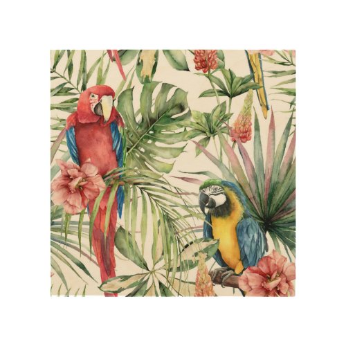 Tropical parrots hibiscus watercolor pattern wood wall art