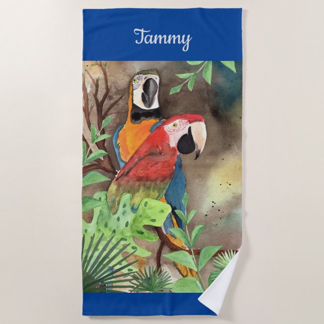 Tropical Parrots in blue personalized Beach towel (Front)
