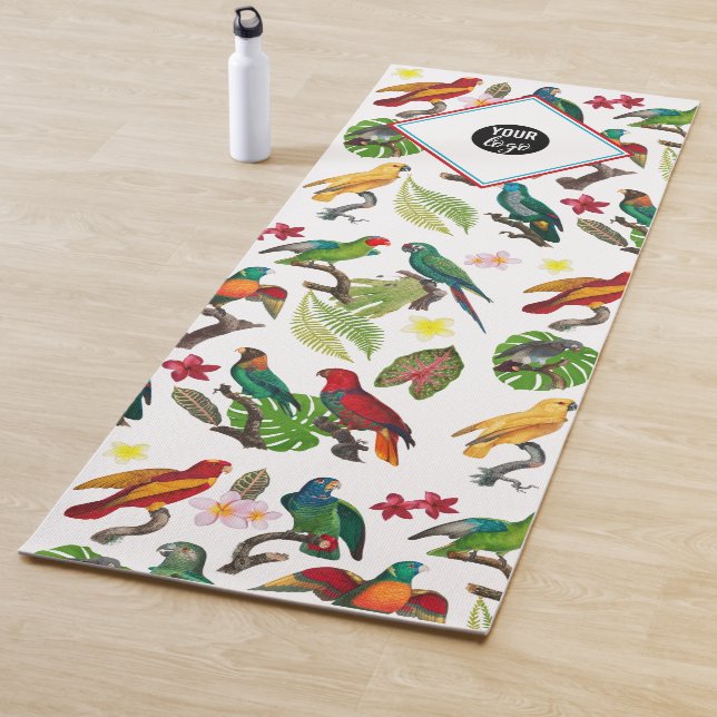 Tropical Parrots Leaves, Flowers Business Logo  Yoga Mat (In Situ)