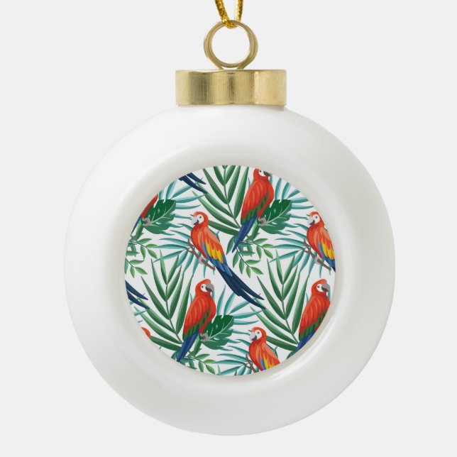 Tropical Parrots: Lush Palm Seamless Ceramic Ball Christmas Ornament (Front)