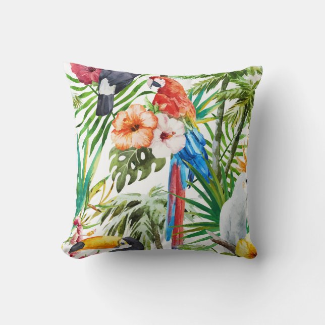 Tropical Parrots macaw toucan foliage hibiscus Throw Pillow (Front)