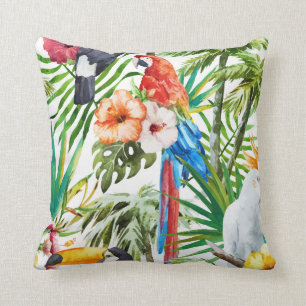 Tropical Parrots macaw toucan foliage hibiscus Throw Pillow