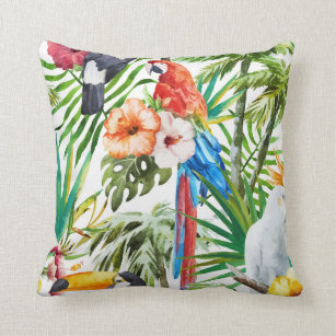 Tropical Parrots macaw toucan foliage hibiscus Throw Pillow