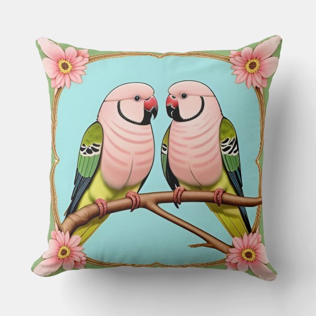 Tropical Parrots on Flowering Branch Throw Pillow (Front)