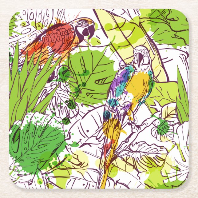 Tropical Parrots Square Paper Coaster (Front)