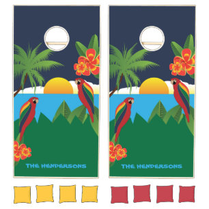Tropical Parrots Tiki Sunset with name Cornhol Cornhole Set