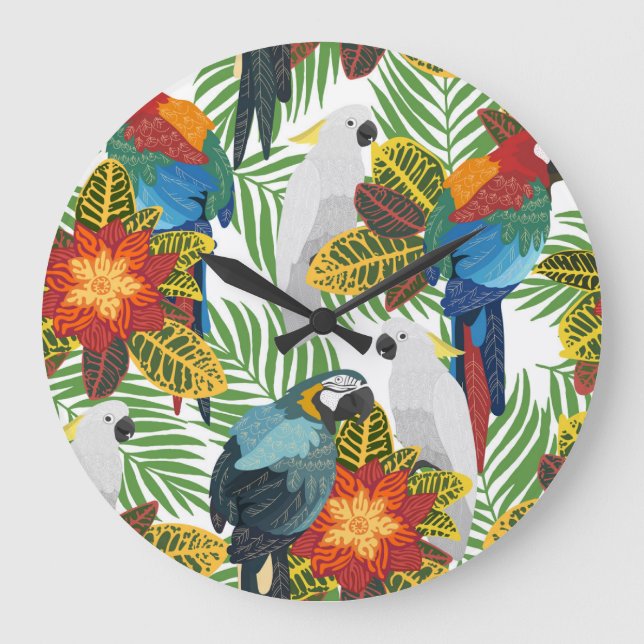 Tropical parrots, vintage seamless pattern. large clock (Front)