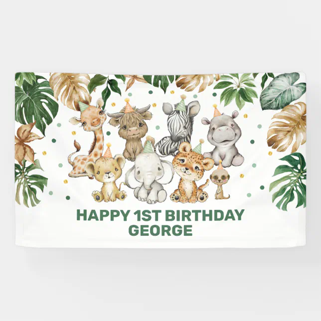 Tropical Party Animal Jungle Wild One 1st Birthday Banner | Zazzle