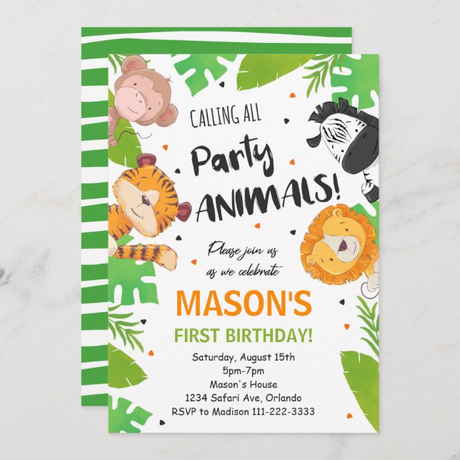Tropical Party Animals Safari Jungle Invitation (Front/Back)