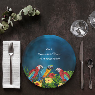 Tropical party blue parrots house family name paper plates