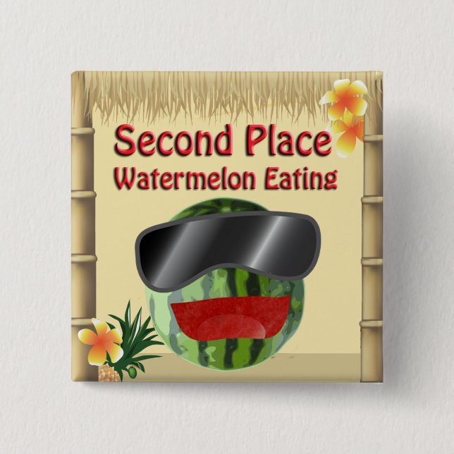 Tropical Party Tiki Hut 2nd Place Watermelon Eat Pinback Button (Front)