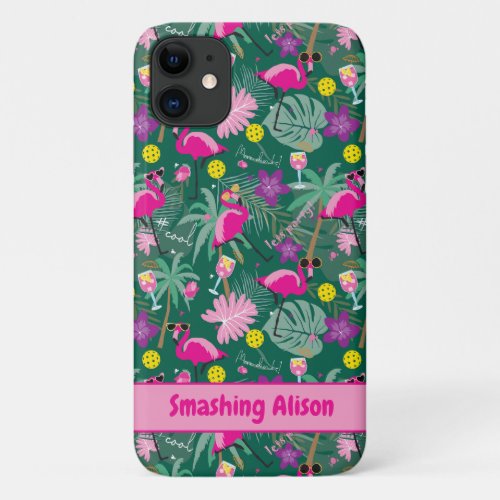 Tropical party with pickleball custom text iPhone 11 Case