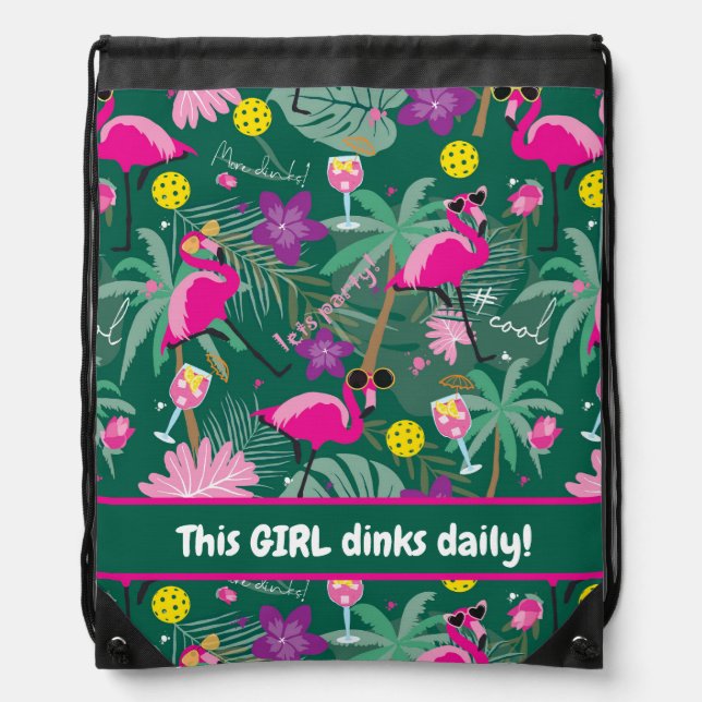 🤩Tropical party with pickleball, custom text  Drawstring Bag (Front)