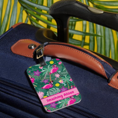 Tropical party with pickleball custom text  Luggage Tag