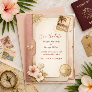 Tropical Passport Wedding in Blush Gold Invitation