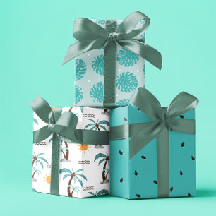 Tropical Pastel Blue Summer Palms Coastal Wrapping Paper Sheets