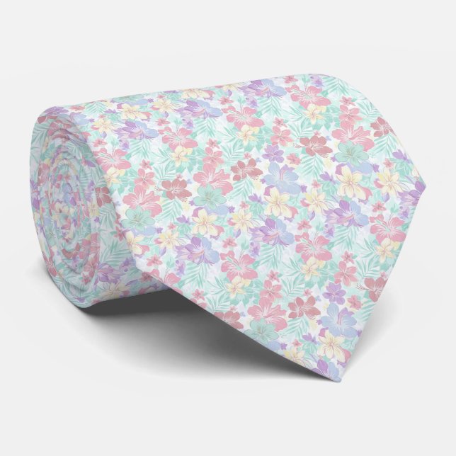 Tropical Pastel Floral Pattern Neck Tie (Rolled)