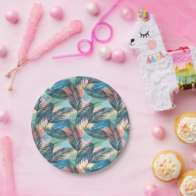 Tropical Pastel Leaf Pattern Paper Plates (Party)