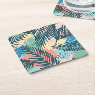 Tropical Pastel Leaf Pattern Square Paper Coaster