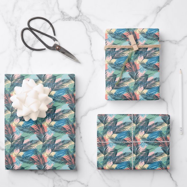 Tropical Pastel Leaf Pattern Wrapping Paper Sheets (Front)
