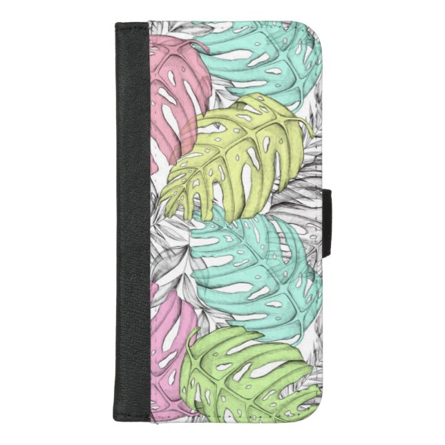 Tropical pastel monstera leaf watercolor pattern  iPhone wallet case (Front)