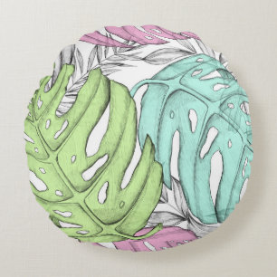 Tropical pastel monstera leaf watercolor pattern round pillow