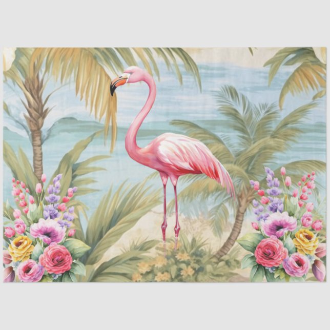 Tropical Pastel Ocean View Pink Flamingo Decoupage Tissue Paper (Front)