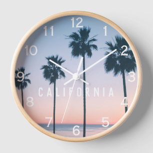 Tropical Pastel Ombre Pink & Blue Palm Tree Sunset Clock