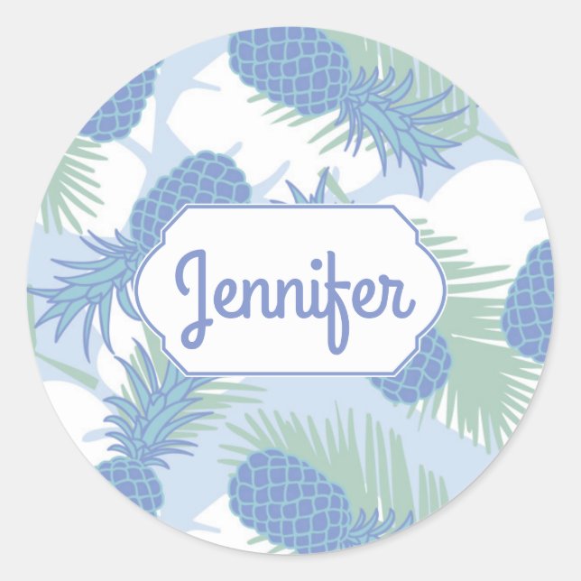 Tropical Pastel Pineapple Pattern | Add Your Name Classic Round Sticker (Front)