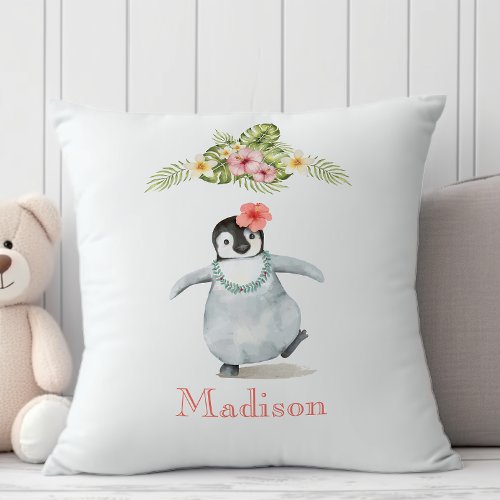 Tropical pastel pink floral baby penguin nursery throw pillow