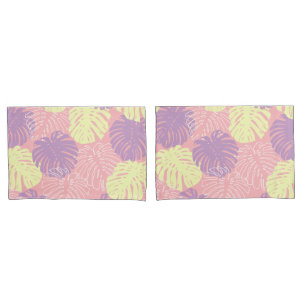 Tropical Pastel Pink Yellow Monstera Jungle Leaves Pillow Case