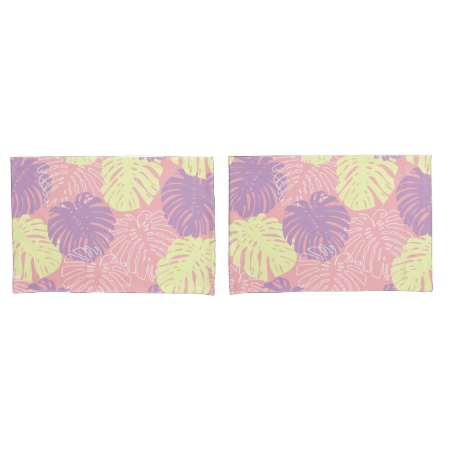 Tropical Pastel Pink Yellow Monstera Jungle Leaves Pillow Case (Front-Set)